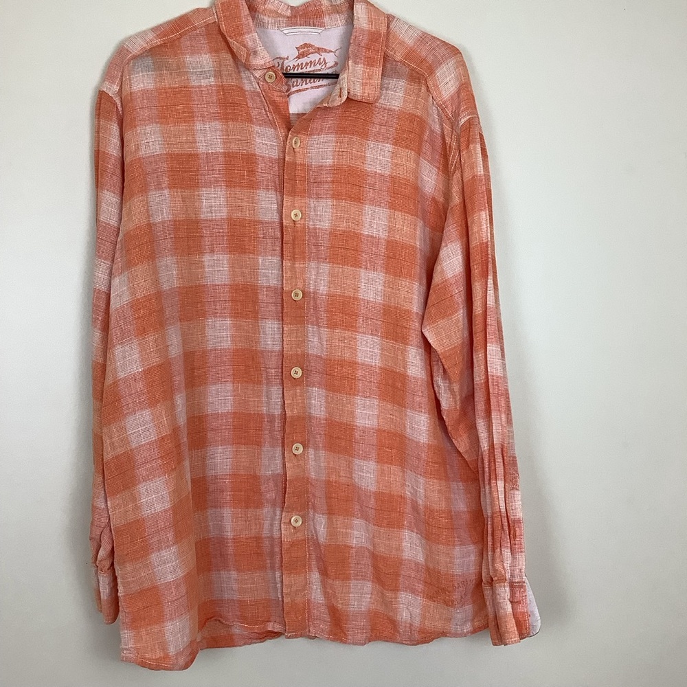 Tommy Bahama Men’s Button Up XL 100% Linen Fade Orange Plaid Long Sleeve Shirt